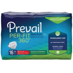 Prevail Per-Fit 360 Daily Incontinence Briefs, Unisex Adult Incontinence Briefs with Tabs, Maximum Plus Absorbency, Size 1
